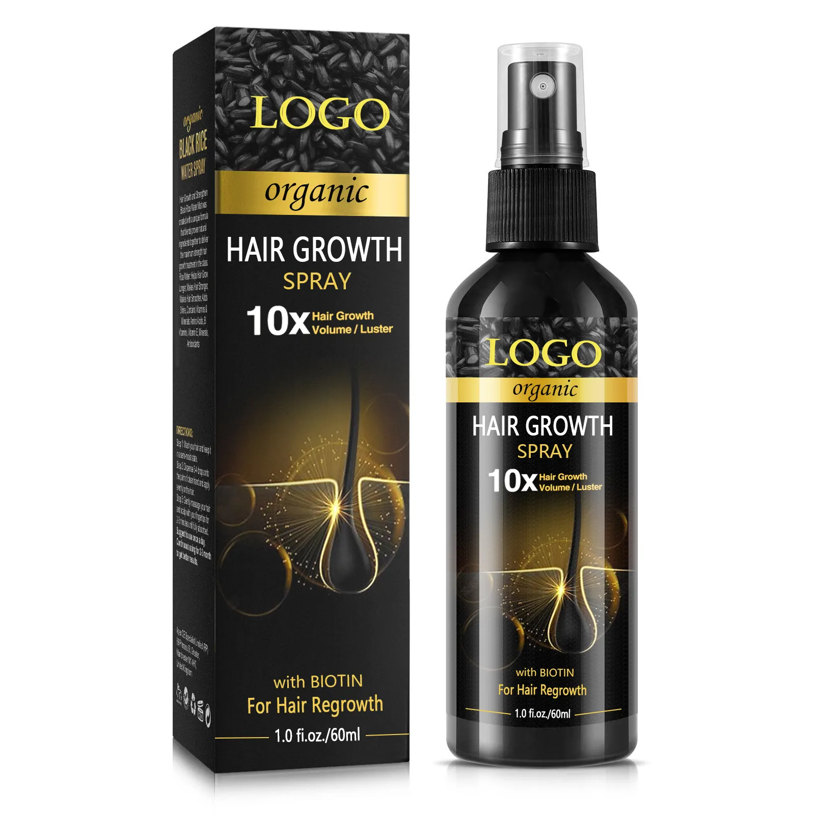 Hair Regrow OEM/ODM Spray pour la croissance des cheveux Spray pour la croissance des cheveux à l'eau de riz noir bio