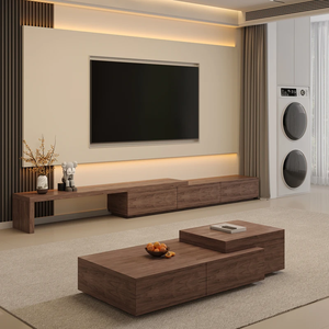 Meuble TV sur pied moderne et minimaliste noir extensible en bois avec table basse intégrée pour salon et chambre à coucher - Product Image 1