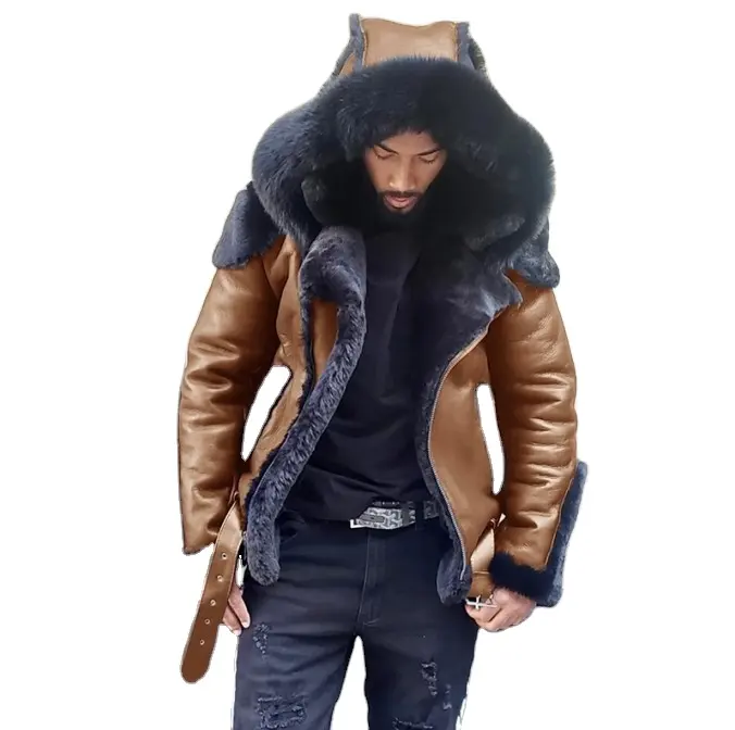 Fashion mens winter leather jacket duffle wool leather long sleeve jackets outdoor warm coats