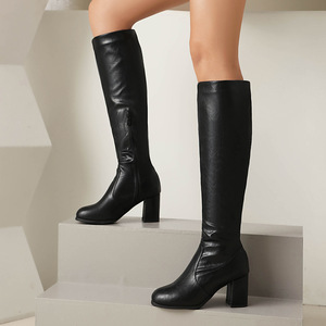 White <b>Knee</b>-<b>High</b> Boots Pu Upper Round Toe Square Heel Slip-On Anti-Slippery All Seasons Drop Shipping - Product Image 2