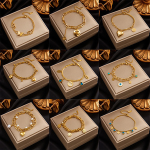 European American Style Minimalist Multi Layer Chain Heart Circle Smiley Butterfly Eye Pendant Titanium Steel Bracelet For Women - Product Image 1