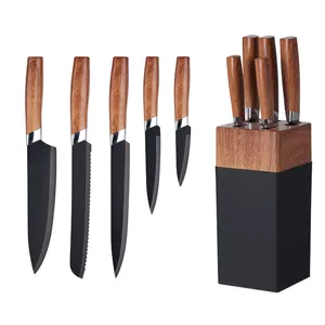 Wholesale Customized 6pcs Kitchen Knife Set With Knife Block Gift Box Set Wooden Coating Handle Black Non-stick Coating Blade