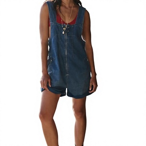 Salopette en jean pour femme, couleur unie, taille haute, coupe ample, délavée, respirante, style décontracté d'été, short-combinaison, très vendue - Product Image 5