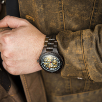 Montre automatique résistante à l'eau en acier inoxydable et bois pour homme avec cadran à aiguilles, bracelet de 24 mm, design charmant, logo et marque personnalisés