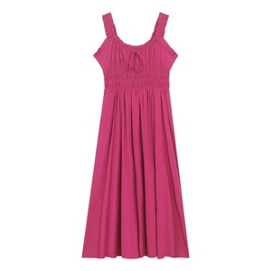 French Retro Rose Red U Neck Suspender Maxi Dress Pleated Waist Full Skirt Women Summer Casual Dress Breathable Vintage Style - Product Image 5