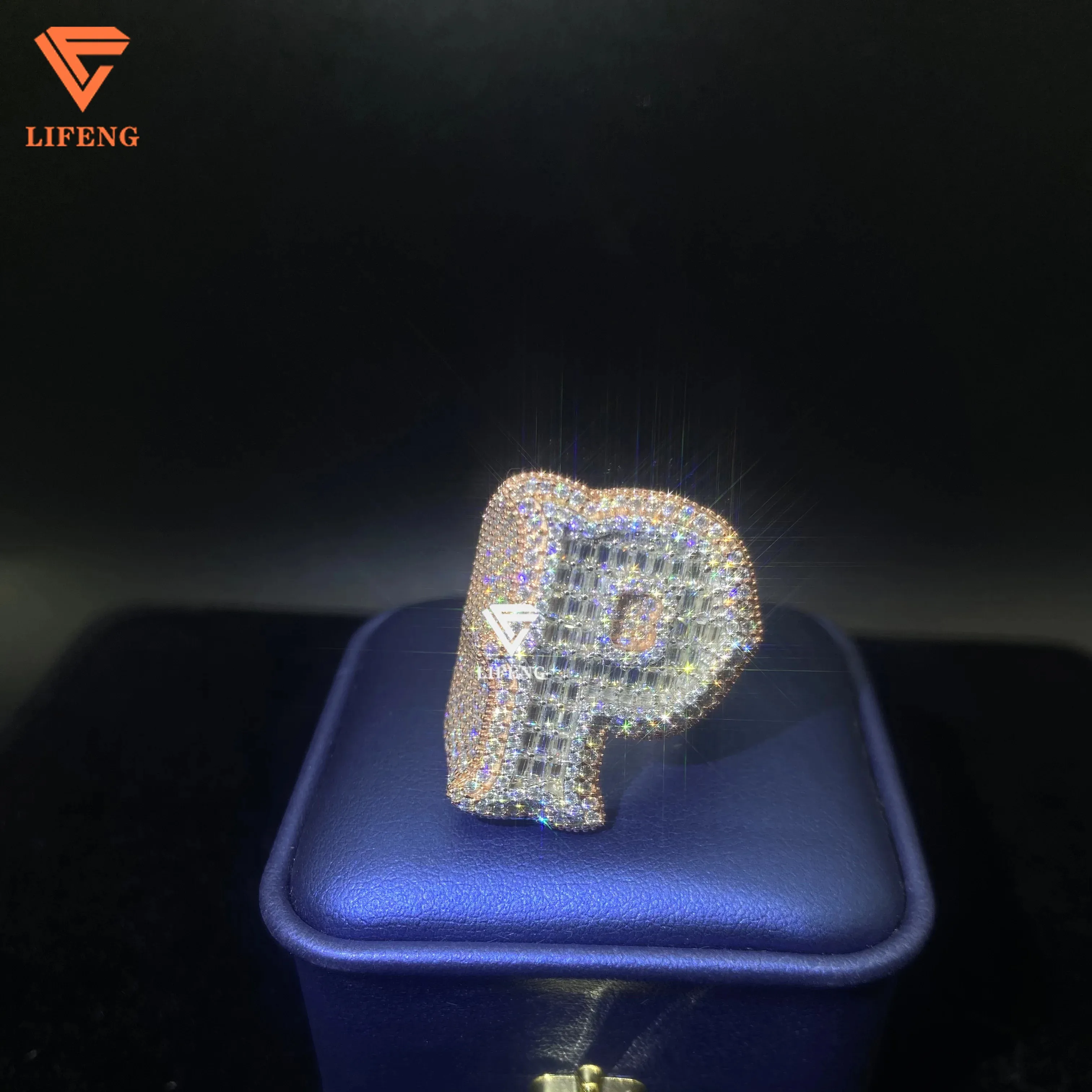 Fashion Jewelry 925 Silver Rose Gold Plated Hip Hop Ice Out Ring Moissanite Diamond Initial Letter P Ring For Men