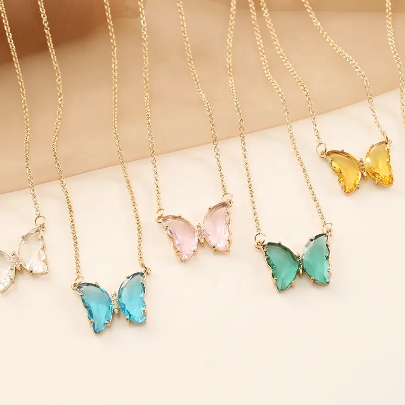 Isunni Jewellery China Pink Purple Translucent Glass Butterfly Short Clavicle Chain Necklace