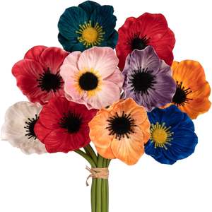 Fleur artificielle de pavot-anémone à tige, fleur de pavot-anémone réaliste, centre rouge et noir, pour décoration - Product Image 1