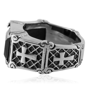 yunnique Men's <b>Titanium</b> Steel Cross <b>Ring</b> Black Stone Square Bezel Setting Punk Style Fashion Jewelry Gift - Product Image 3