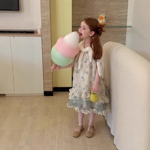 Elegante Vestido de Playa Azul para Niñas, Atuendo de Vacaciones con Encaje y Estampado de Olas, Ropa de Viaje para Niñas - Product Image 1