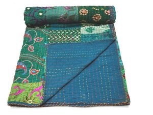 Handmade Patchwork <b>Quilt</b> Bohemian Style Green Blue Floral Pattern Cotton Filling All Season Home Decor - Product Image 3