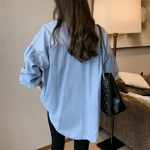 Camicie in Denim moda donna HANO camicetta 2024 <span class=keywords><strong>jeans</strong></span> Vintage primavera autunno camicetta <span class=keywords><strong>femminile</strong></span> a maniche lunghe monopetto - Product Image 4