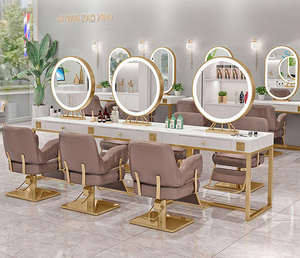MÁS DISEÑO Grande de longitud completa Gold Styling Peluquería Muebles Peluquería Led Maquillaje Salón de belleza Espejo Estación con mesa - Product Image 2