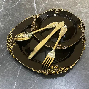 Riutilizzabile Set di posate per feste in plastica e Set di posate per la tavola in plastica oro nero Set di posate per il matrimonio