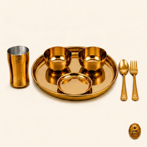 Ensemble de thali en acier inoxydable doré PVD avec perles, 7 pièces - Product Image 1