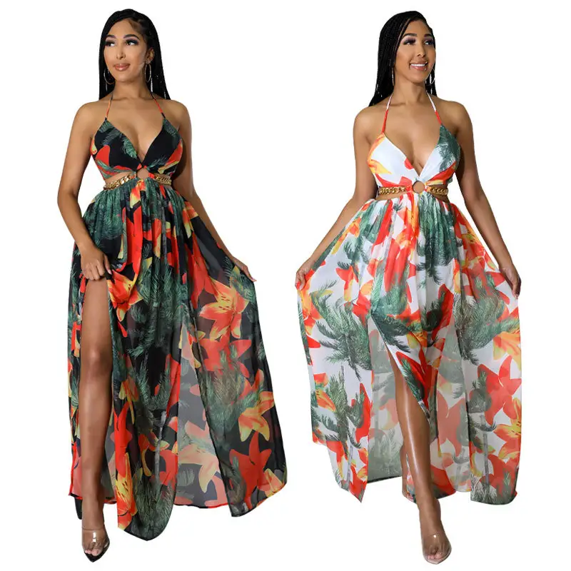 2022 new Floral print hollow neck deep V sleeveless women's floor length dress for summer
