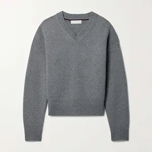 Wholesale Custom Logo Women Winter Warm Long Sleeve V Neck Ribbed Trim Soft Wool Knit Sweater