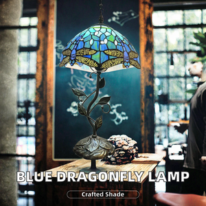 LongHuiJing Tiffany Style Handmade <strong>Table</strong> Lamp Blue Dragonfly Stained <strong>Glass</strong> Desk <strong>Light</strong> 20*12In Size E26 Flexible for Bedrooms - Product Image 3