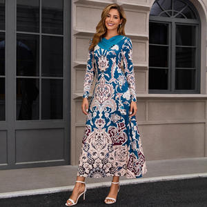 بيع بالجملة عبر الحدود أزياء أنيقة المرأة المطبوعة فستان الشيفون بأكمام طويلة طول الكلمة الأزهار الإمبراطورية فستان عارضة - Product Image 2