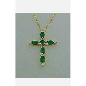 TISHYA JEWELLERS Collier pendentif croix émeraude ronde verte de 1.5 pouces pour femme en or jaune blanc massif 14 carats en argent 3Ct - Product Image 1