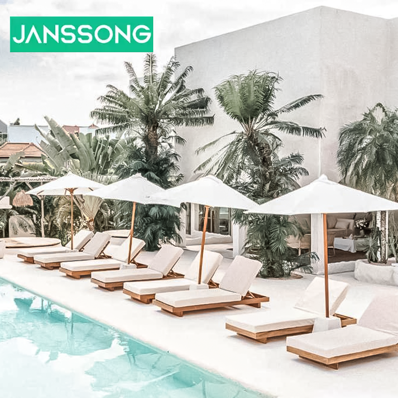 Teak Sunbed With Canopy Umbrella Swimming