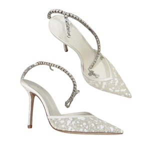 Chaussures à talons hauts pour femmes, élégantes, en maille de perles et gaze blanche, à bout pointu, talons aiguilles, parfaites pour les mariées - Product Image 2