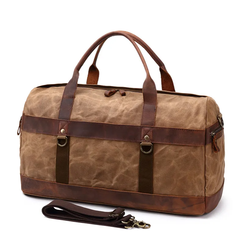 Vente en gros quantité minimale de commande bas personnalisé toile vintage garniture en cuir véritable sac fourre-tout à bandoulière sacs de voyage polochon week-end pour hommes