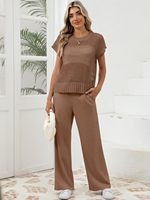Ensemble assorti de luxe pour femme OUKODS : haut en maille crochetée transparente et pantalon large à col mandarin, coupe ample, lavable