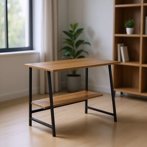 <b>Rustic</b> Oak Writing <b>Desk</b> With H Shape Base 2 Shelves <b>Office</b> Furniture - Product Image 2