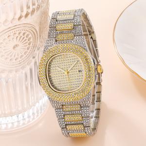 2023 dernier plaqué or Zircon pointeur sport Quartz montre discothèque plein diamant calendrier hommes montre cubaine Bracelet ensemble - Product Image 5