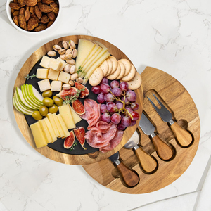 Planche à fromage et à charcuterie ronde en bois rotatif à 100 % avec couteau inclus - Product Image 2