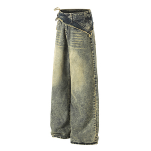Pantalones Vaqueros Retro Lavados con Diseño Único y Bordes Irregulares, Corte Holgado y Recto, Estilo Urbano Desestructurado - Product Image 3
