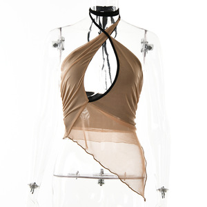 Top de Moda para Mujer, Diseño Irregular con Aberturas, Cuello Halter, Color Marrón, Alta Elasticidad, Poliéster - Product Image 5