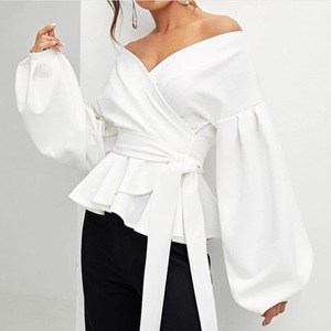 Blusa blanca de <span class=keywords><strong>manga</strong></span> larga con cuello en V para mujer - Product Image 4