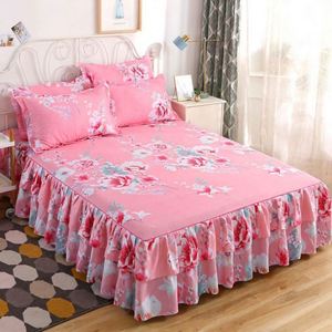 Double Layer Floral Printed Bilateral Bed Skirts <b>Set</b> with 100% Polyester 100TC 30 Count Washable All-Season <b>Bedspread</b> - Product Image 2