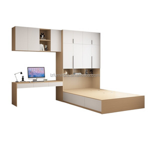 Ensembles de meubles de chambre modulaires en bois, lit tatami avec bureau, armoire et placards muraux pour petits espaces, appartement studio - Product Image 3