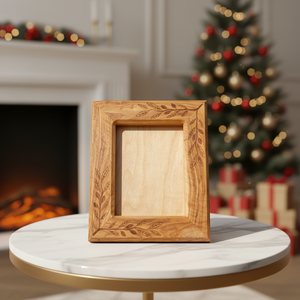 Cornice Fotografica in Legno Ecologica Personalizzabile Realizzata in Pregiato Legno d'Ulivo |   Design Inciso con Foglie di Ulivo Greco, Artigianato Saniya - Product Image 4