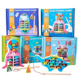 Jeu de pêche magnétique en bois Montessori certifié, en forme de dinosaure fusée, pour la coopération œil-main, vente en gros - Product Image 3