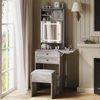 Ensemble de maquillage compact gris style ferme avec petit bureau de vanité, armoire miroir et chaise de rangement, avec panneau rabattable, pour la vente en gros