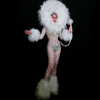 Combinaison sexy en maille transparente blanche avec strass, costume de cosplay de strip-teaseuse, combinaison de scène pour femmes, taille plus