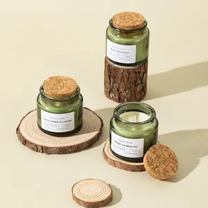 Accept Custom Light Green Glass Bottle Holding Natural Soy Wax Scented Candles With Wooden Cork