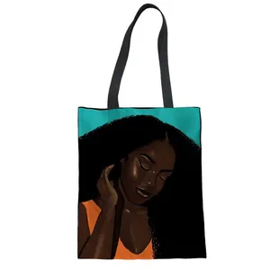 African Girl Art Print Custom Reusable Ladies Cotton Canvas Tote Large Shopping Bags With Logos