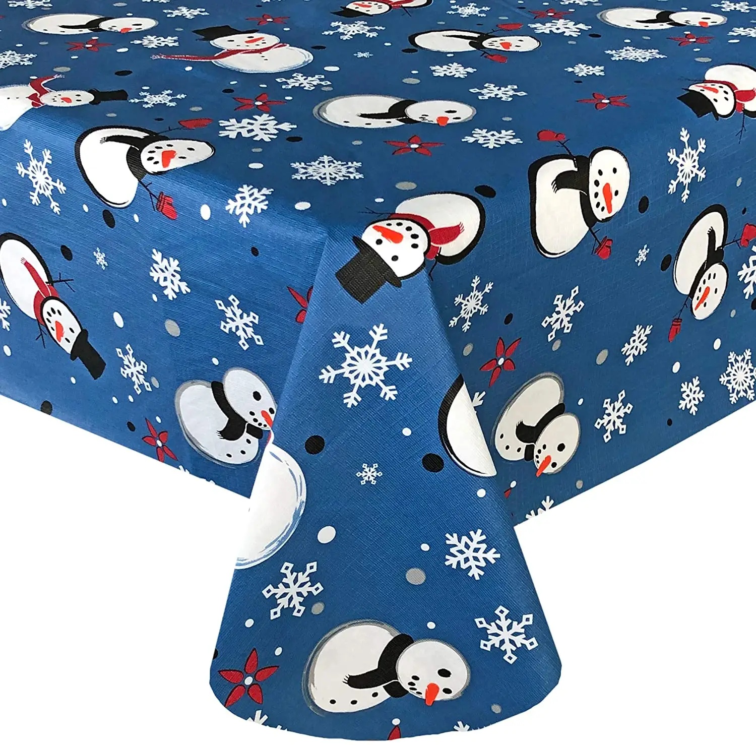 Blue Happy Snowman PEVA Non Toxic Christmas Vinyl Flannel Back Tablecloth