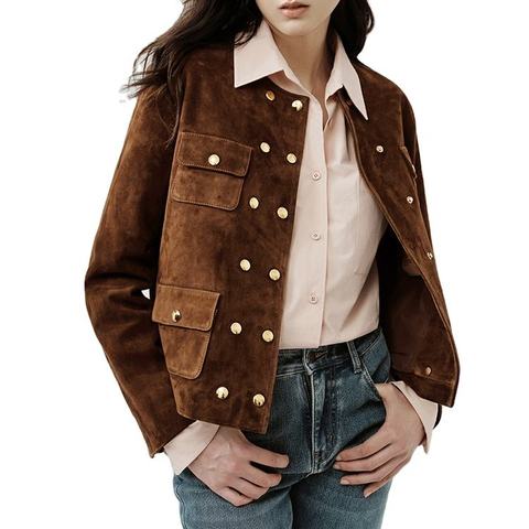 3248 Women Fashionable Double Breasted Genuine Cowskin Suede Leather Crop Coat for Winter