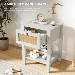 Mesita de Noche Moderna de Madera Maciza con Cajón Frontal de Ratán, Estante de Almacenamiento Abierto, Superficie Impermeable para Dormitorio, Hospital y Comedor - Product Image 4