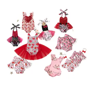 Valentine's Day Hot Selling Red Princess Love Bow Tie Lace Long Sleeve Legless Snap Button Baby Romper baby rompers