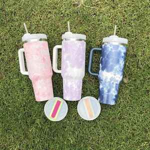 H2.0 de 40 oz, Gobelet isotherme en acier inoxydable imprimé motif pêche, style tie-dye océan, avec poignée et pailles, pour bière et eau - Product Image 2