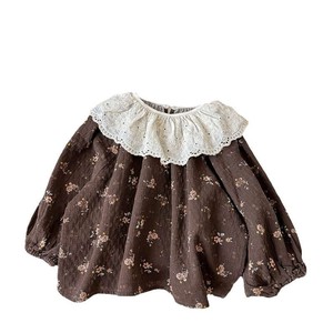 Tongxingyuan Girls Floral Print Long Sleeve Shirt With Lace Peter Pan Collar Loose Fit Autumn 2024 Cotton Blouse - Product Image 5
