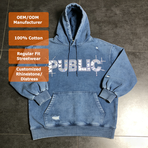 Sudadera con Capucha Unisex de Moda Otoñal para Hombre, Estilo Vintage, con Lavado Ácido, Cordón, Pedrería y Estampado Desgastado, Personalizada por Fábrica ODM - Product Image 1