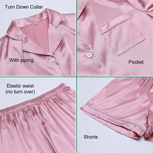 Pigiami estivi in <span class=keywords><strong>pigiama</strong></span> da <span class=keywords><strong>donna</strong></span> a maniche corte tinta unita con rifiniture in Shorts pigiami in raso di seta stampa semplice - Product Image 5